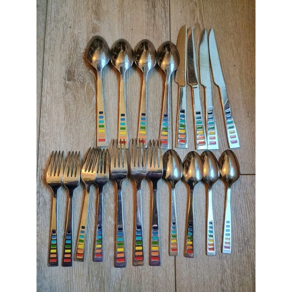 19 Piece Fiesta Celebration Rainbow Stainless Flatware Silverware Set